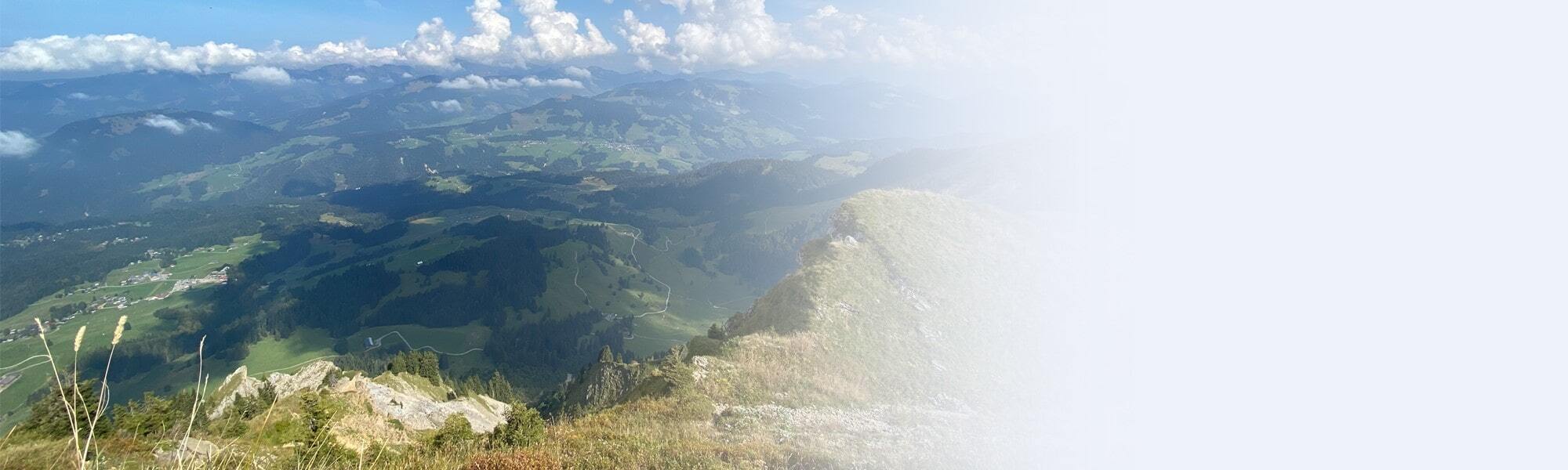 Blick vom Berg auf Alberschwende und die umliegende grüne Hügellandschaft im Bregenzerwald, mit sanften Tälern und verstreuten Höfen